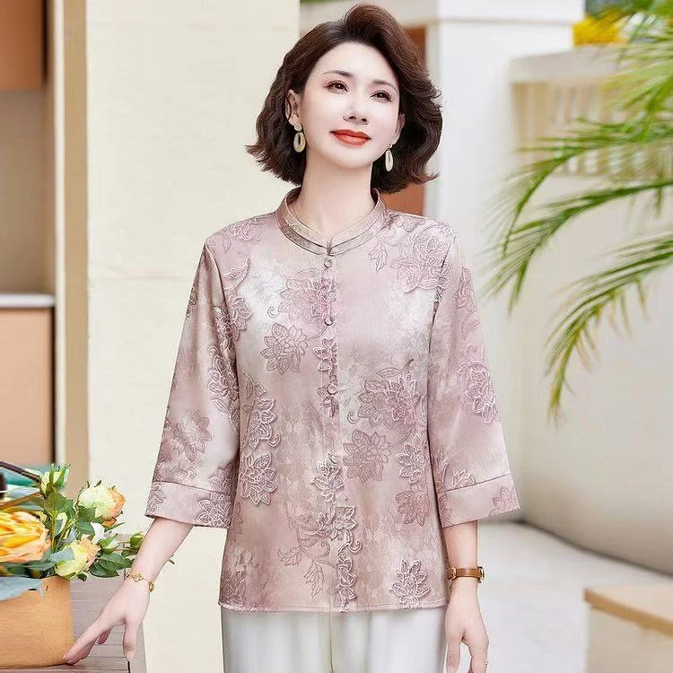 8595-气质妈妈春季新款七分袖T恤衫夏季国风减龄显瘦上衣女【龙】