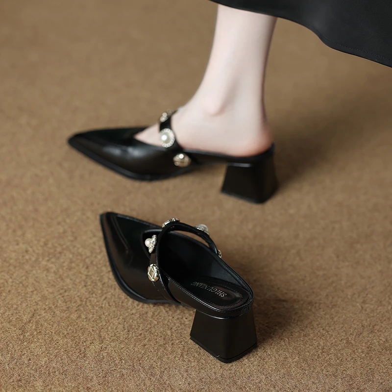 拾姑娘6001-7通勤高跟包头半拖鞋女夏外穿轻奢气质百搭尖头凉拖