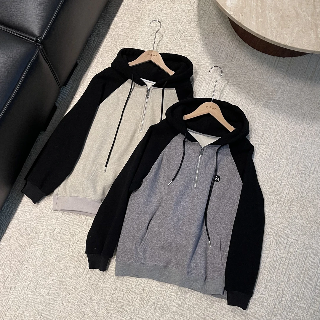 B10643秋冬新款时尚小众设计洋气拼色连帽字母加绒卫衣