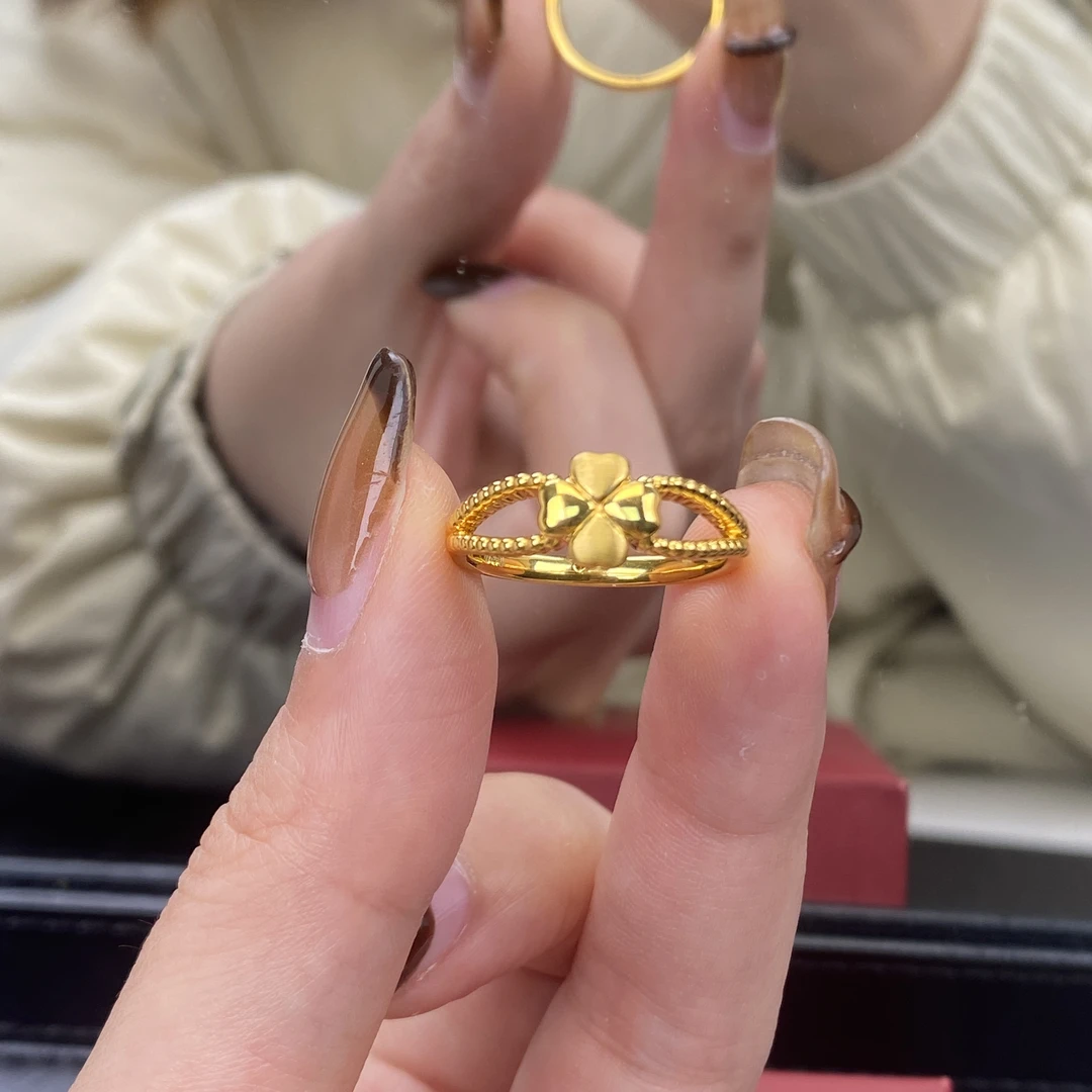 璟金珠宝足金999黄金镂空5D四叶花戒指圈口可选