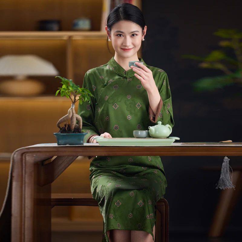 二喜新中式宝相花奥黛优雅气质显贵气国风斜襟盘扣改良旗袍连衣裙
