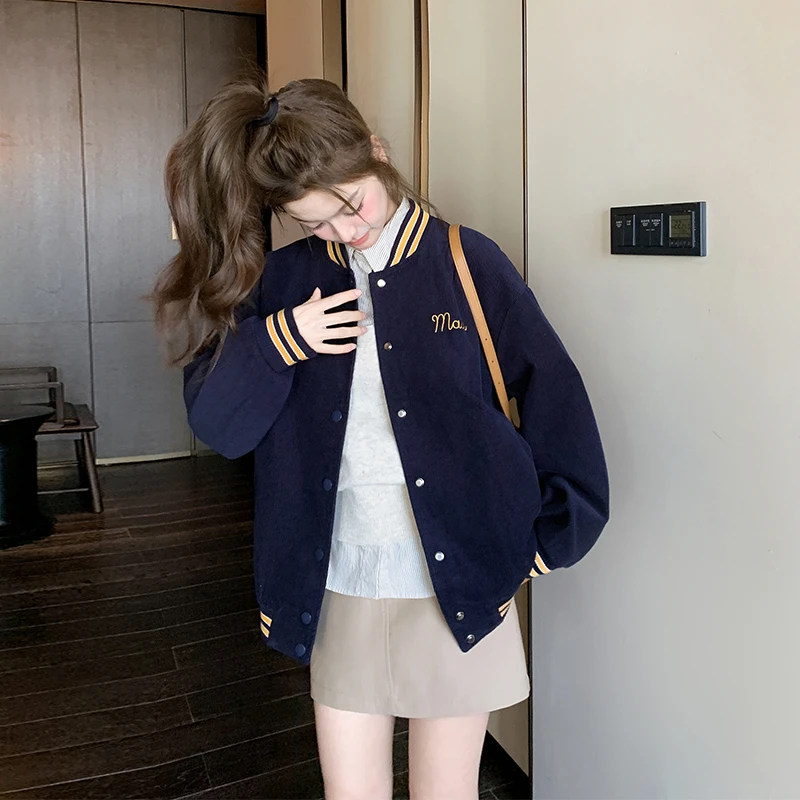 藏蓝色美式复古学院风棒球服外套女春季宽松慵懒风中长款夹克上衣