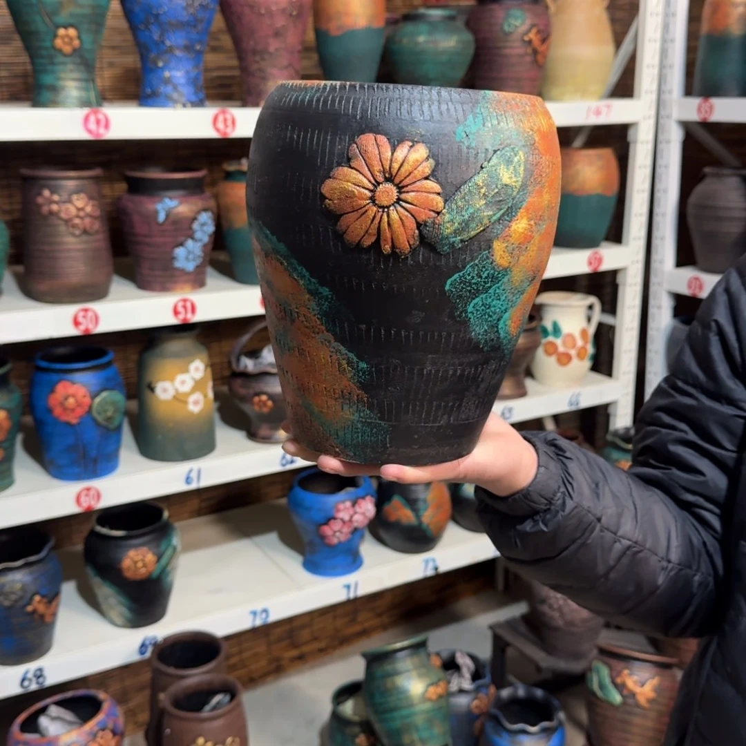 红陶红陶浮雕花盆炸炸炸