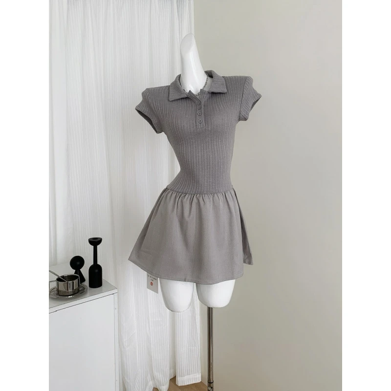 高智感灰色领拼接连衣裙女短款显瘦蓬蓬裙