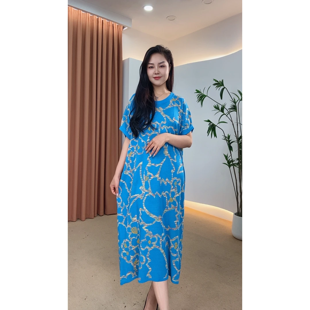 002号女装复古夏季气质优雅印花连衣裙显瘦气质大摆裙中长款时尚