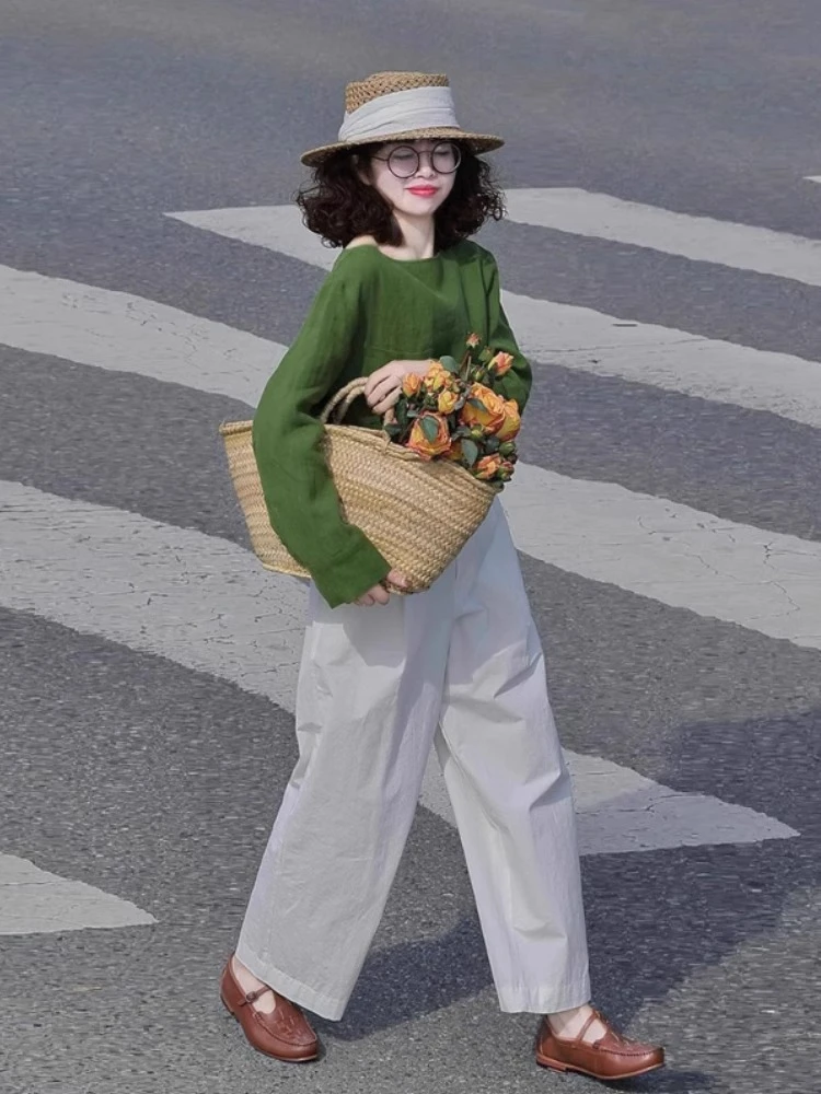 早春新款搭配一整套小个子高级感多巴胺绿色衬衫休闲阔腿裤套装