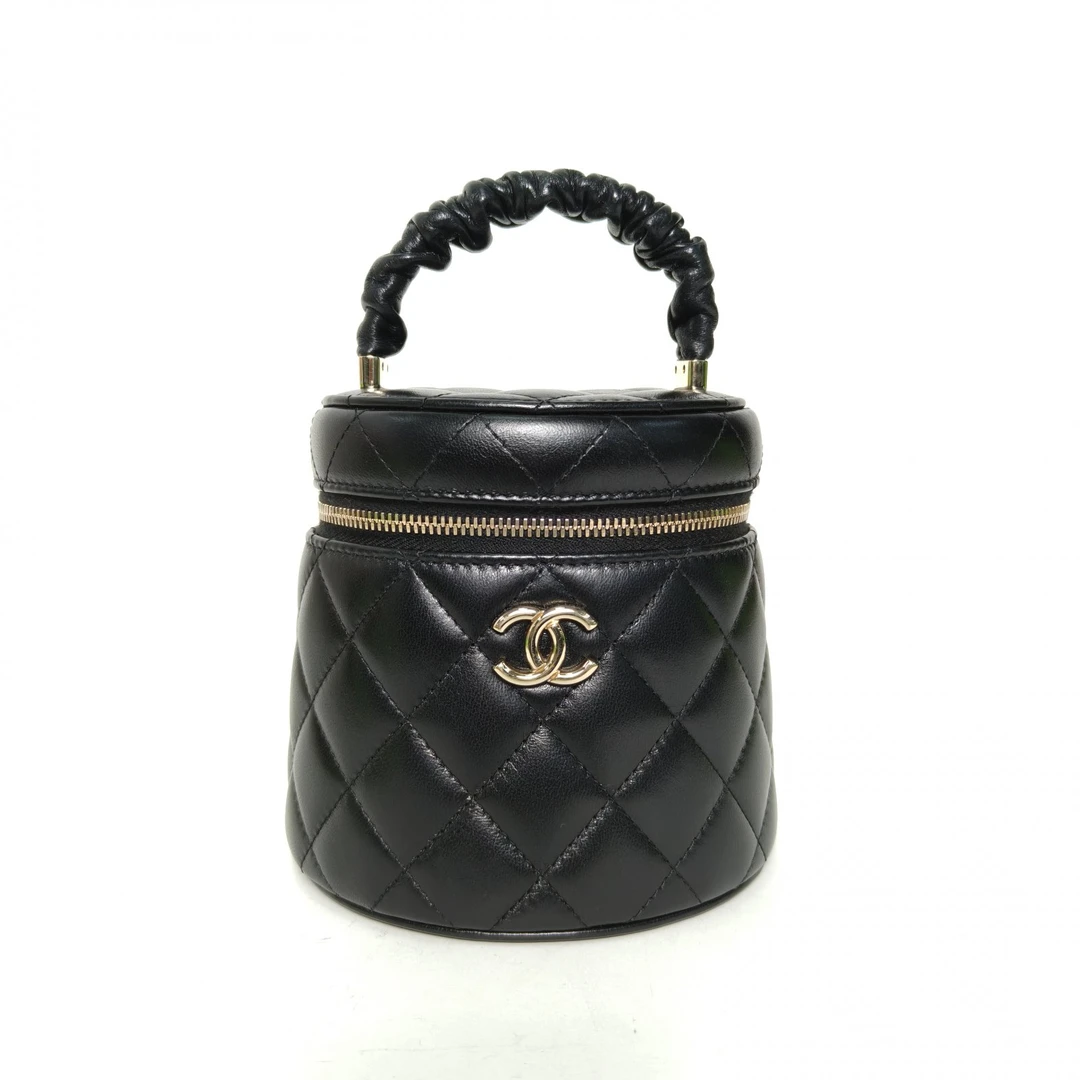 95新 Chanel/香奈儿 小花6珊 22SS 圆桶化妆包 黑色皮革S 32开