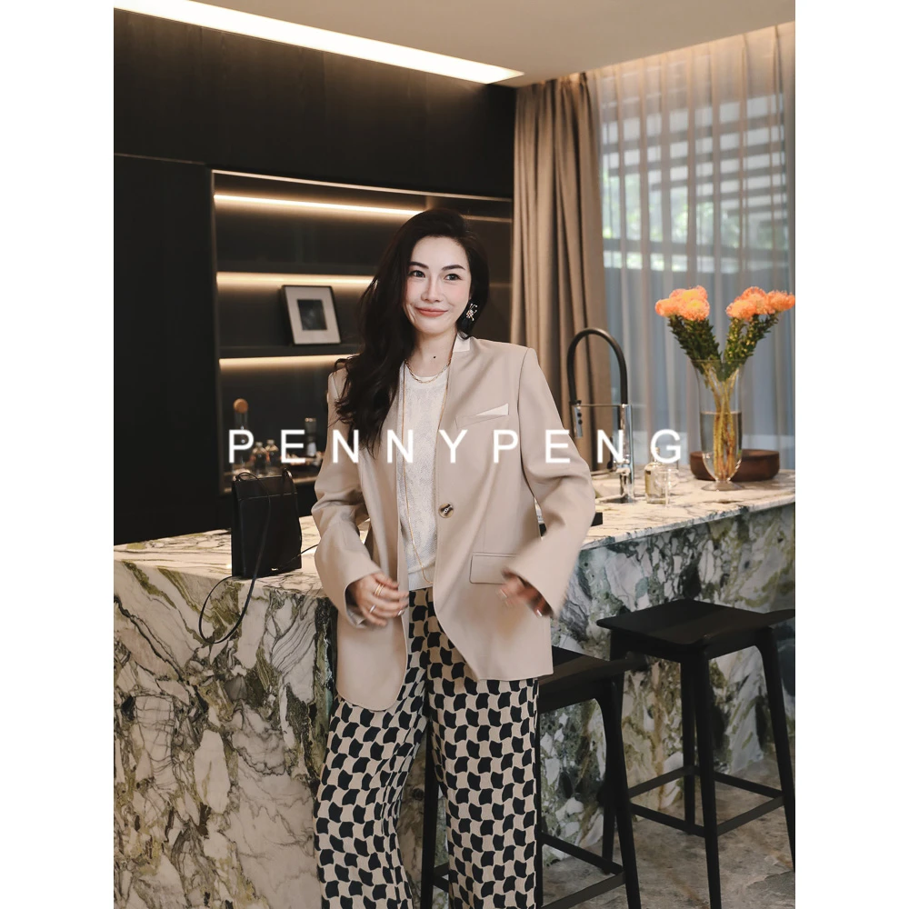 PENNYPENG秋日恋歌秋季时尚气质复古浅卡其色无领气质西装外套