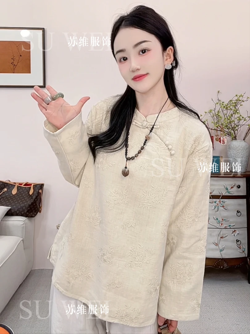 【维揽】8115气质时尚网红刺绣立领秋季长袖小衫提花衬衫中国风