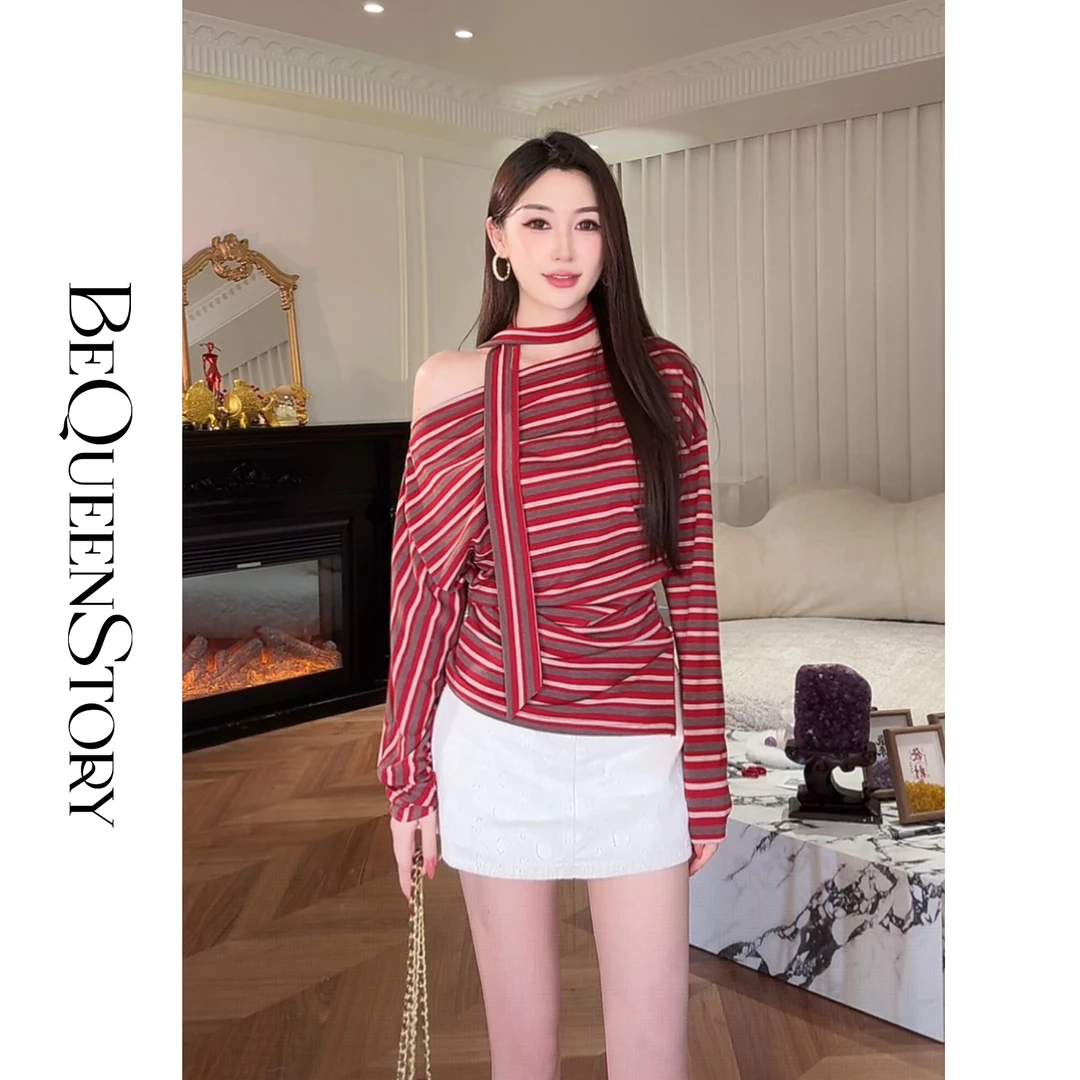 余潇潇【慵懒时髦精】设计感莱赛尔条纹一字领长袖上衣配飘带早秋