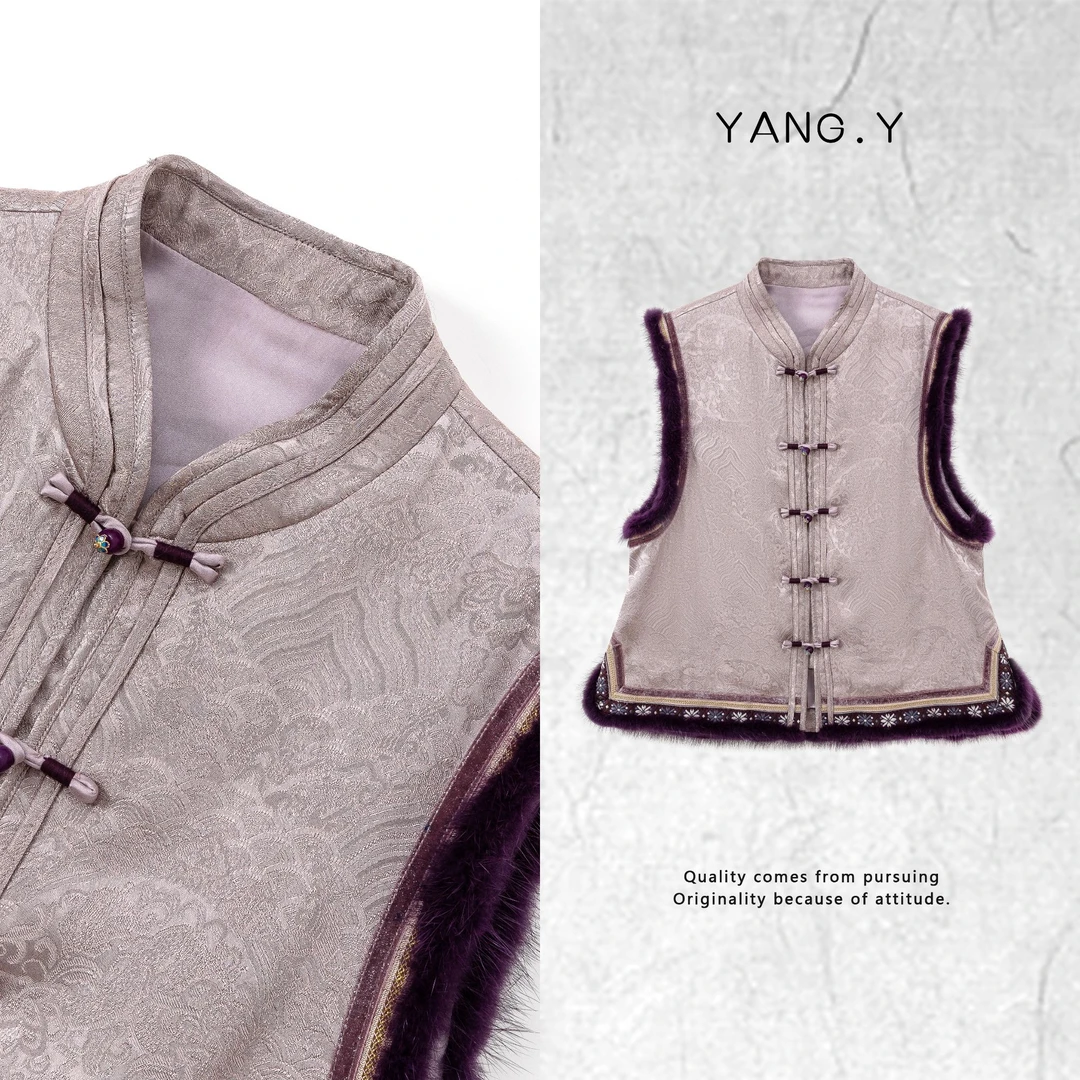 YANG.Y- 【紫韵东方】深圳原创高端中式国风桑蚕丝水貂毛马甲90985