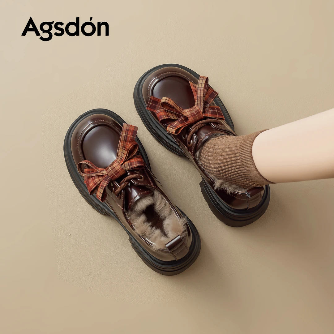 奥古狮登加绒棕色乐福鞋女2025新款冬季厚底增高小皮鞋毛毛雪地靴