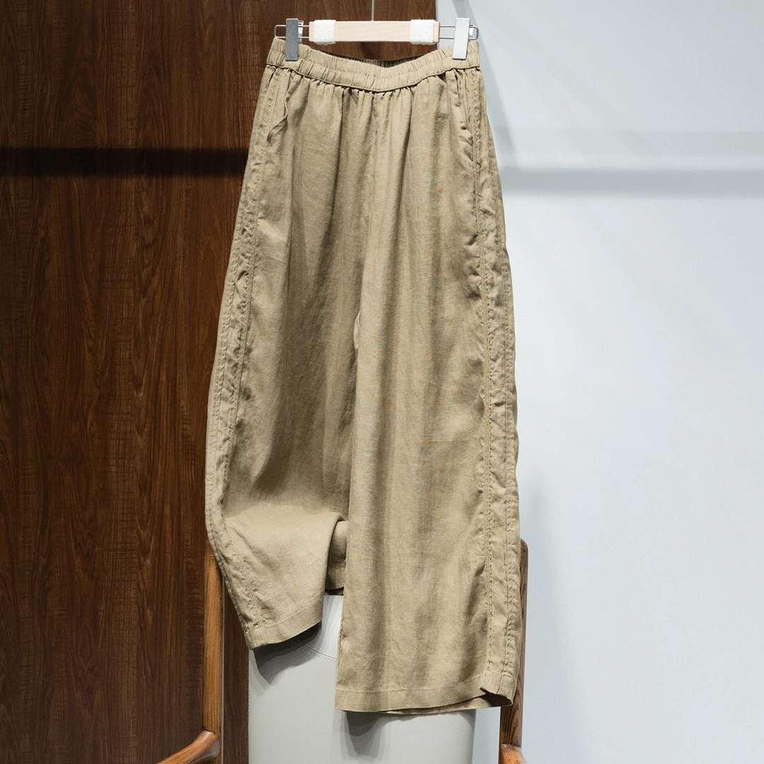 夏季新品薄款高腰纯亚麻阔腿裤女宽松显瘦百搭直筒裤休闲麻料长裤