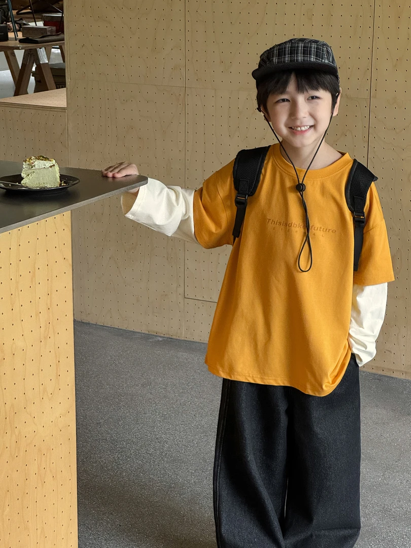 纯棉男童拼接t恤2025长袖t恤假两件春秋季新款儿童洋气休闲英文百