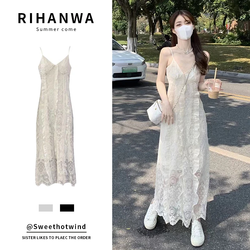 2025夏季新款蕾丝小v领杏色连衣裙气质时尚显瘦高智感知性