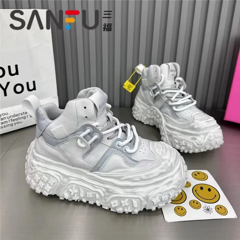 三福2025春秋季新款高帮女鞋厚底贝壳头溶解鞋系带擦色时尚面包鞋