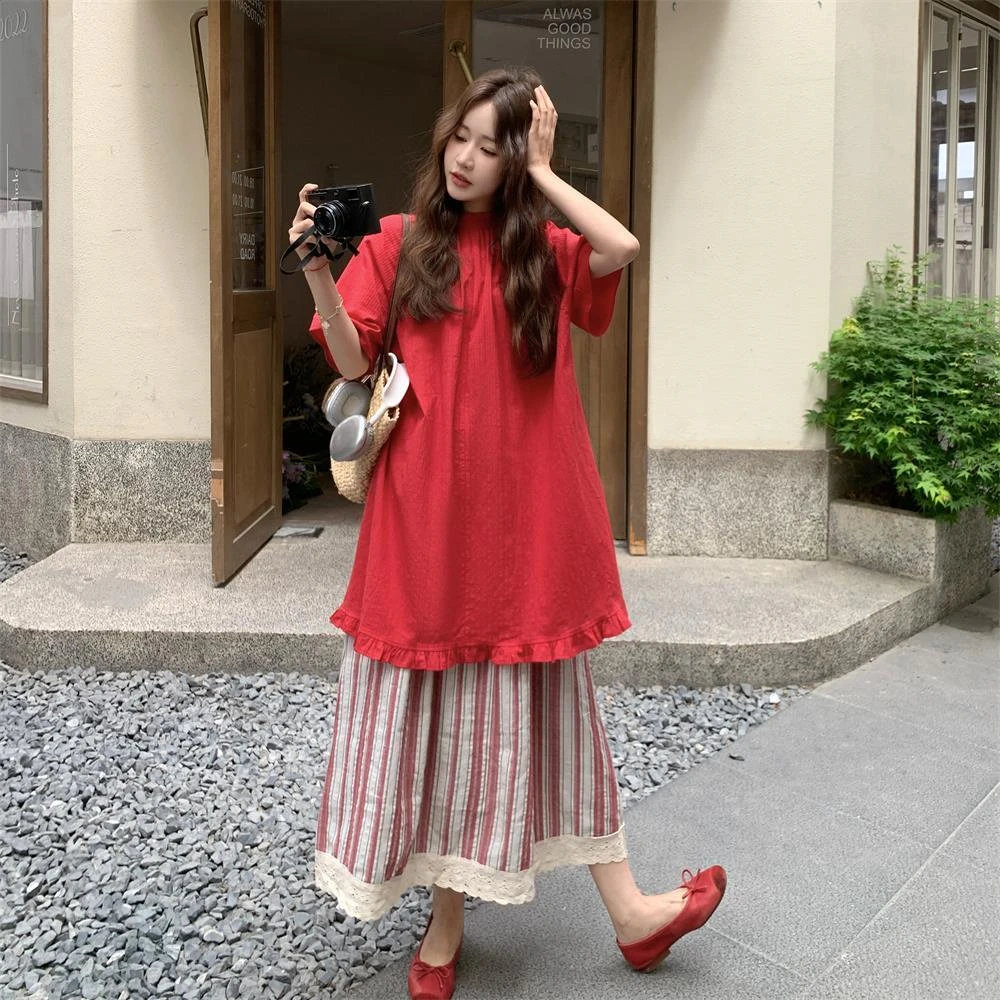 氛围感花边红色T恤条纹半身裙套装女夏季独特绝美两件套姐系贵感
