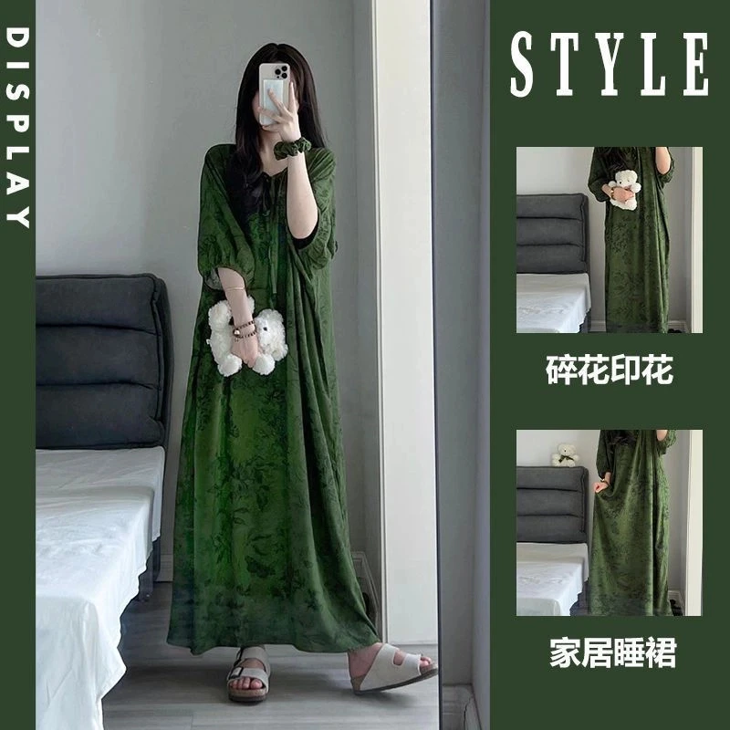 特大码300斤新中式国风睡裙女春秋季新款高级感宽松睡衣家居长裙