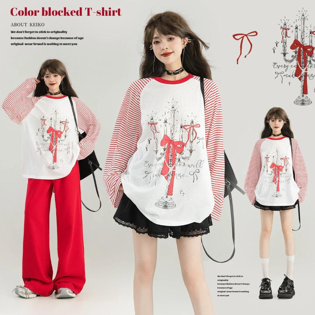 KEIKO 甜系复古轻薄插肩袖t恤女早秋美式休闲宽松慵懒松弛感上衣