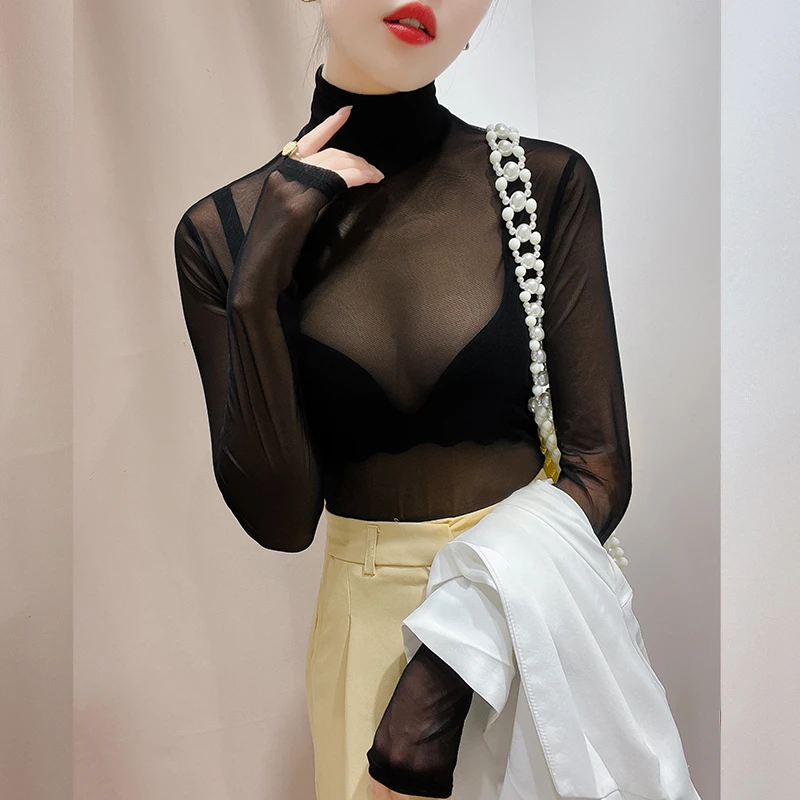 透明蕾丝网纱打底衫女爆款新款薄纱t恤紧身内搭沙衣高领透肤上衣