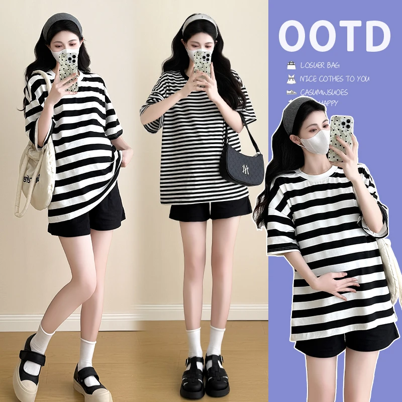 孕妇短袖t恤短裤套装2025夏季新款宽松显瘦遮孕肚休闲条纹上衣潮