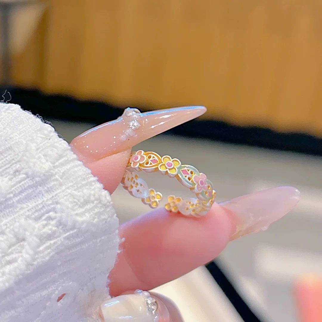 足银戒指 花生银铺「望春」新中式描金彩色戒指足银999开口纯银戒女