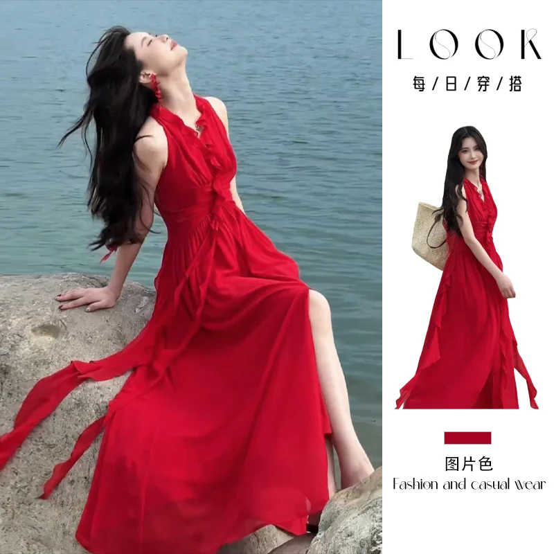 法式红色挂脖吊带连衣裙子夏季2025新款海边度假财阀千金女装长裙