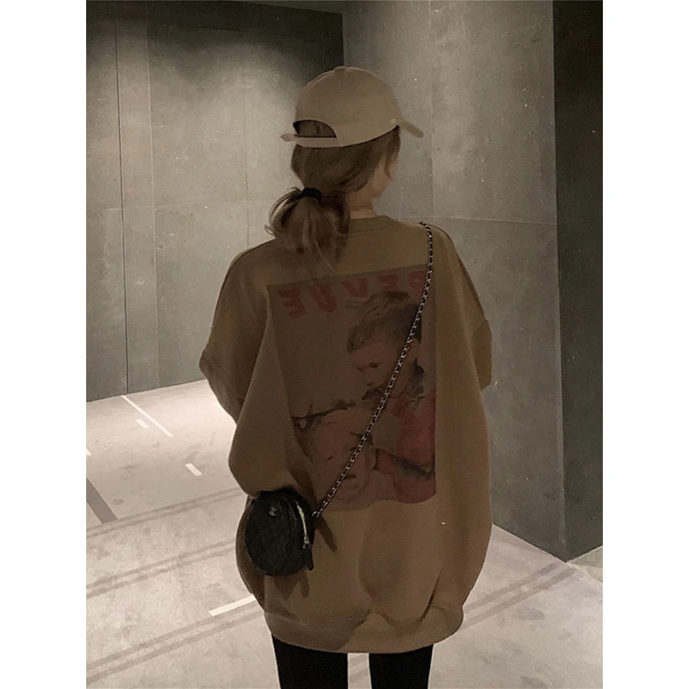 美式无帽棕色卫衣女春秋薄款韩版宽松慵懒风个人印花中长上衣外套