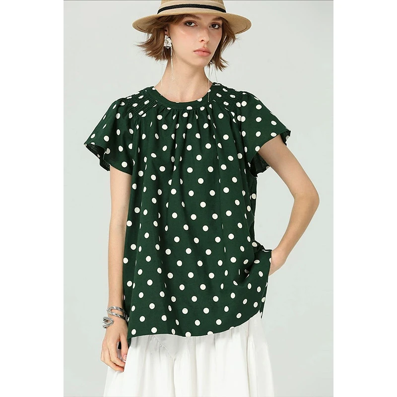 文艺复古经典波点印花小飞袖棉亚麻上衣女归期 6615