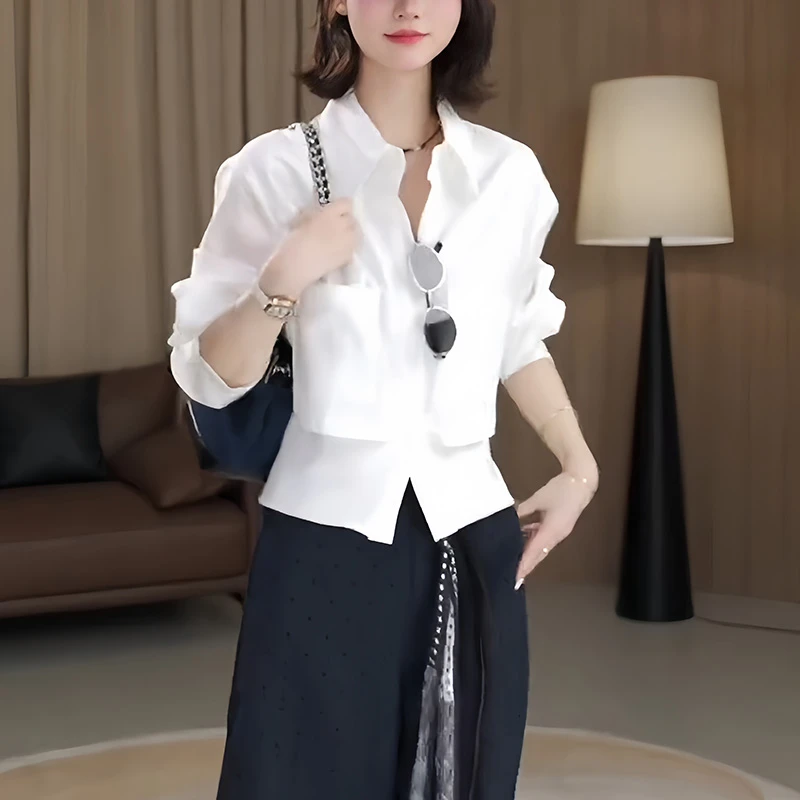 时尚拼接设计假两件衬衫女2025秋季新款Polo领口袋收腰显瘦上衣