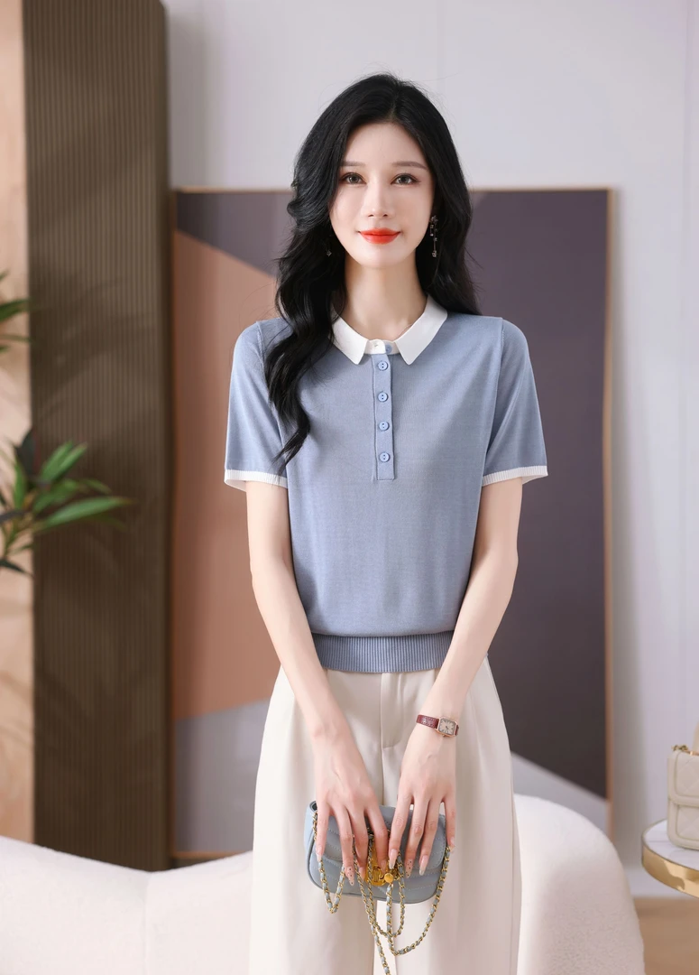 莱赛尔天丝精致小方领短袖T恤时尚洋气减龄妈妈装