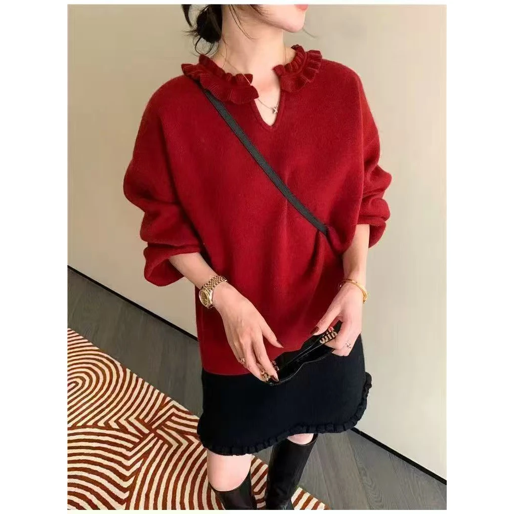 木耳边V领针织衫宽松套头孕妇毛衣秋冬新款高级感时尚哺乳上衣