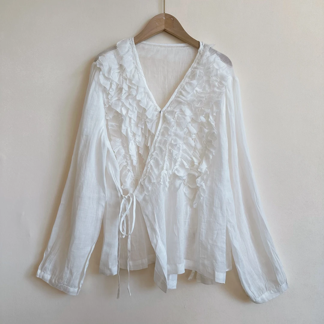 【繁花】新款百搭甜美风清透感苎麻重工捏摺暗扣系带