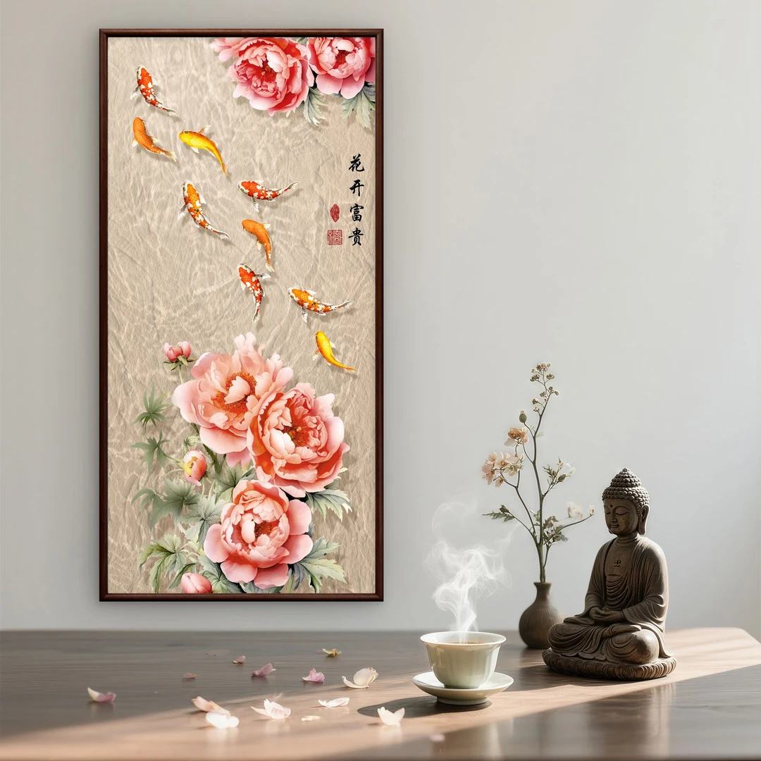 8921-80*160花开富贵有鱼书房办公室茶室客厅装饰画