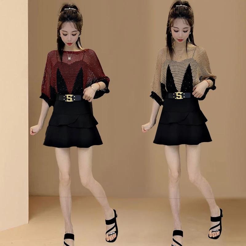 慵懒风蝙蝠袖亮片针织衫女春夏新款宽松镂空设计感减龄套头上衣