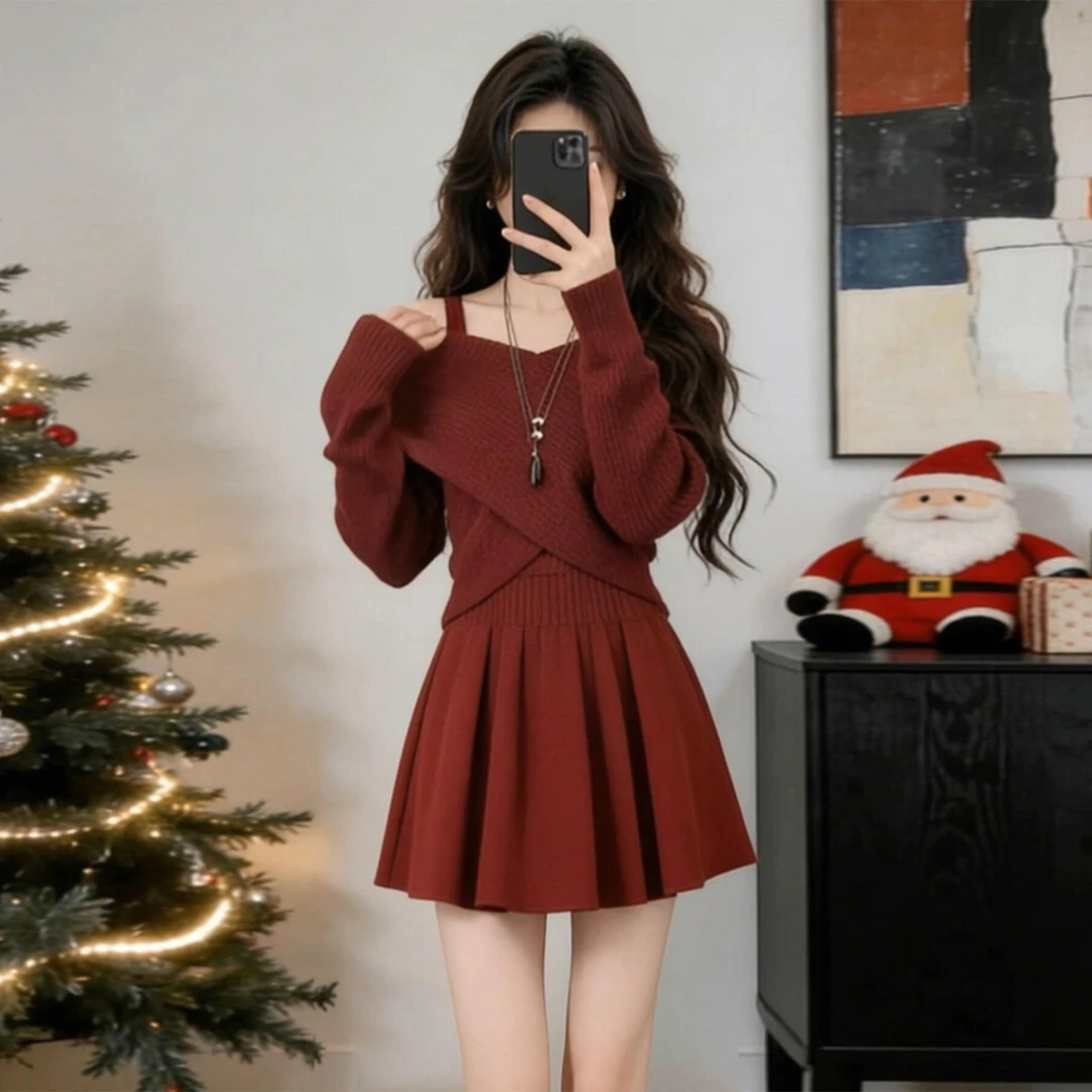 富家千金新年战袍法式针织连衣裙子女2026冬装红色系小香风套装裙