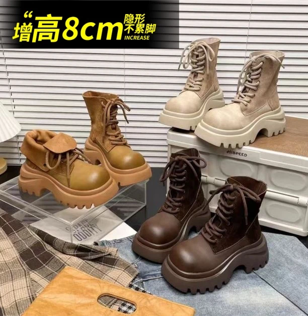 真皮内增高马丁靴女系带翻领两穿机车靴短靴小个子厚底大黄靴潮流