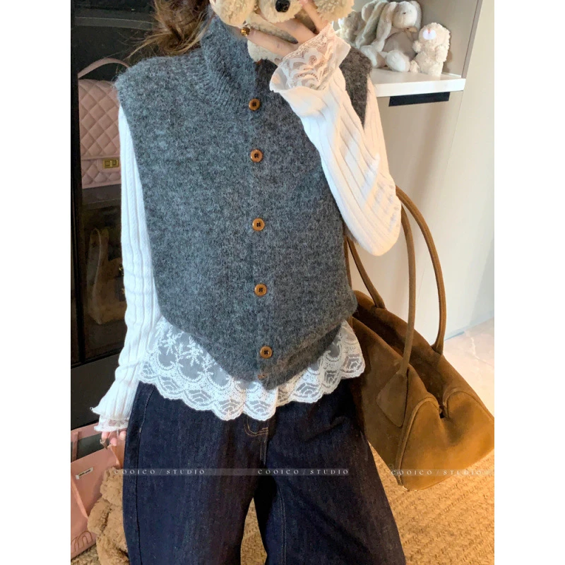 韩系老钱风茶歇系复古宽松毛衣背心单排扣单排扣清冷松弛感女装
