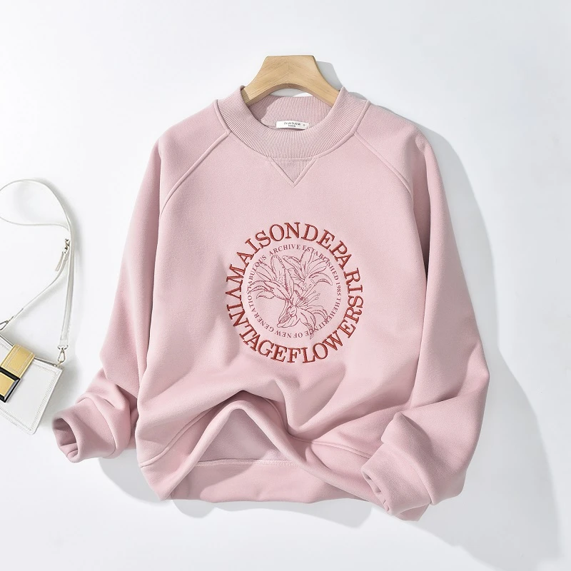 冬季新款半高领重工刺绣加绒加厚圆领女款上衣355-2