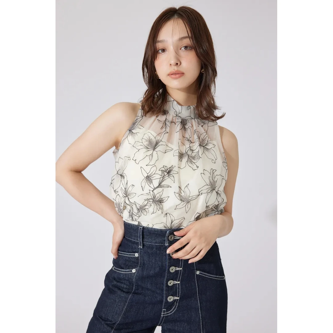 【MonTendre】夏季新款 R 时尚气质网纱花卉女装无袖上衣挂脖背心