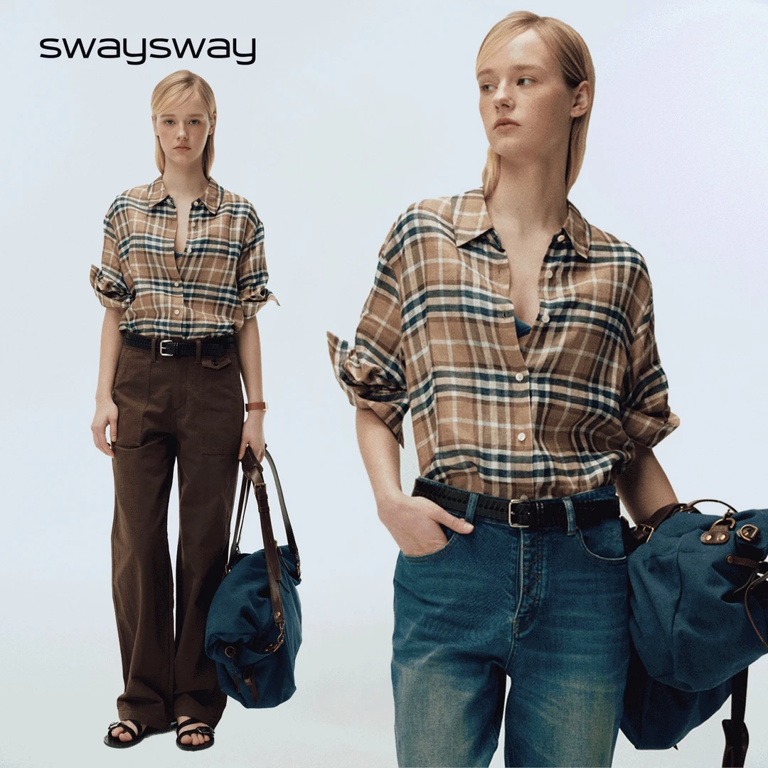 swaysway"悠长假期"复古全亚麻格纹五分袖卷边衬衫