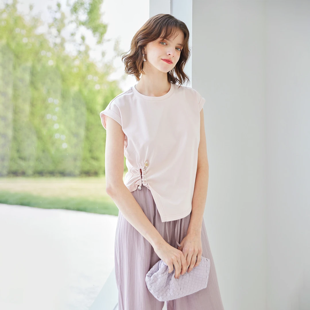 【粉丝专享】不规则镂空褶皱设计小盖袖上衣纯色修身气质T恤女