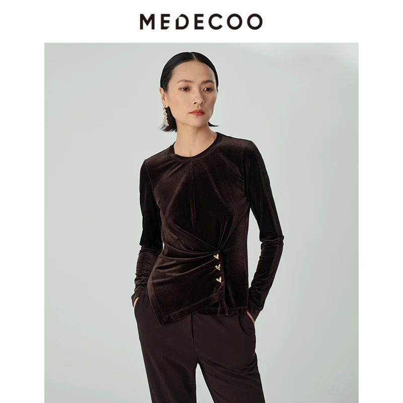 【晨粉专享价】墨蒂珂冬季新收腰不规则摆长袖丝绒上衣MHD62224