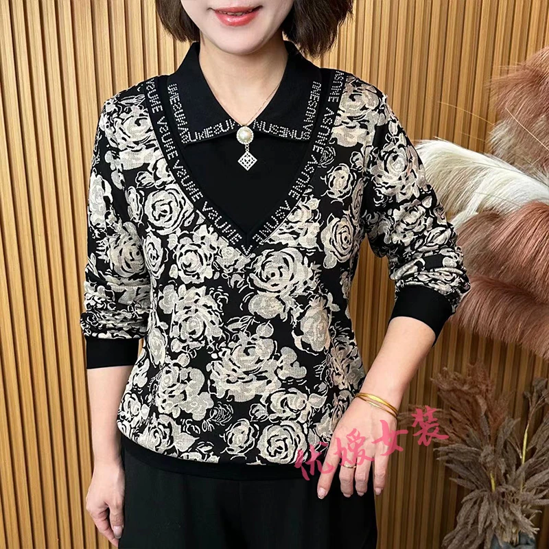 春季时尚新款翻领假两件花色宽松显瘦百搭洋气妈妈装长袖上衣A807