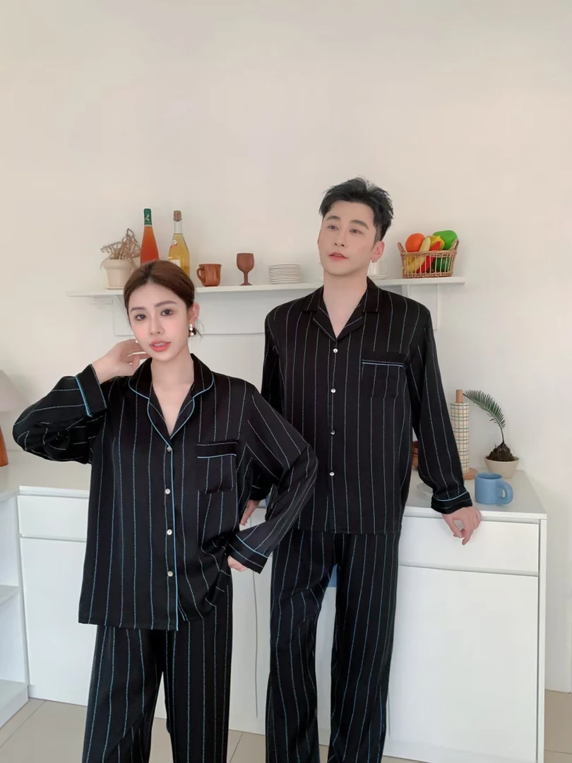 2025新款冰丝情侣睡衣蓝长袖薄款可外穿男高级感休闲女家居服套装