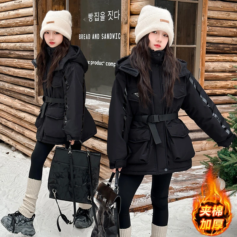 女童夹棉冲锋衣秋冬装2025新款加厚儿童中大童洋气中长款收腰外套