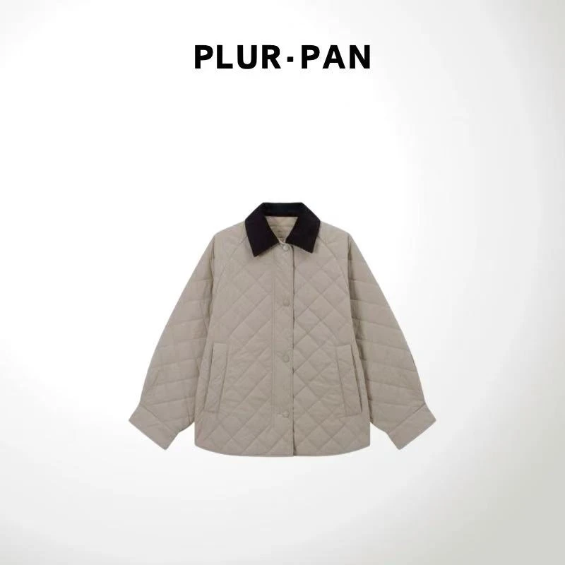 PLUR·PAN复古菱格绗缝撞色翻领气质外套