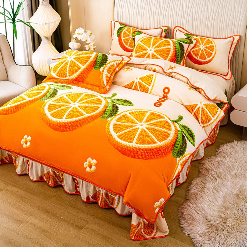 官方正品牛奶绒床裙款四件套德芙绒加绒加厚保暖毛绒冬款防静电