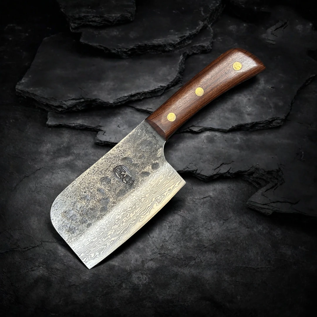 【萌豆千层钢】周光兴手工锻打千层钢夹钢小菜切户外露营刀切片刀