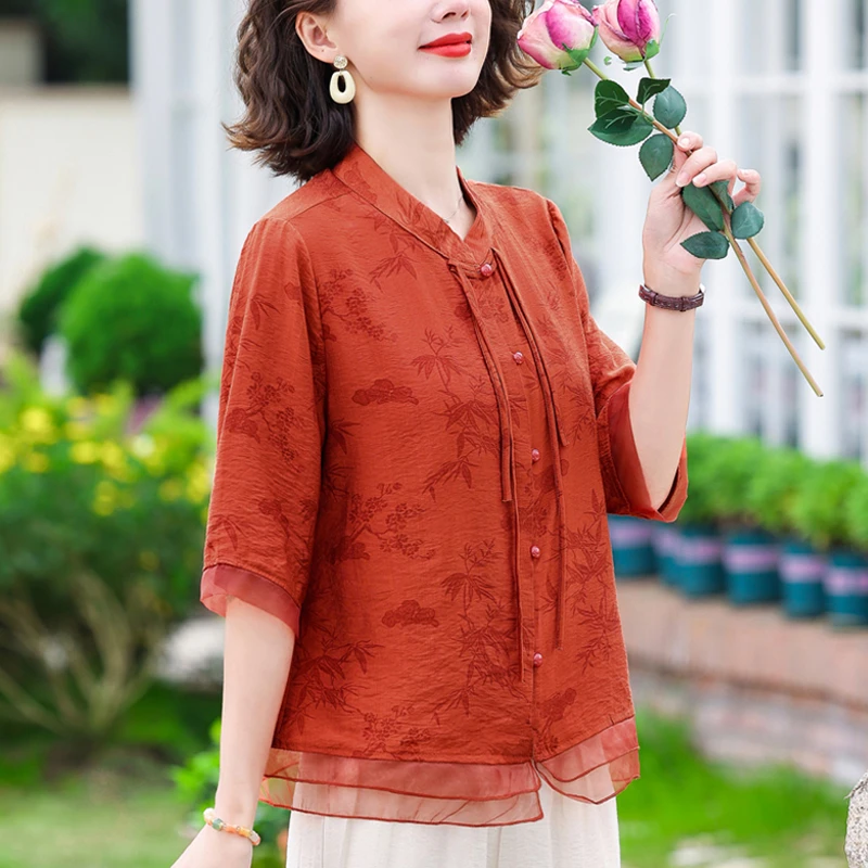中年妈妈夏装国风上衣服2025年洋气衬衫中老年女装高贵小衫套装薄